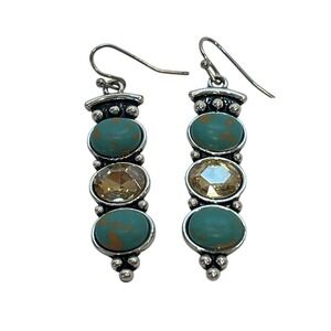 Dangle Earrings Silver Tone with Turquoise and Amber‎ Color Stone Fashion